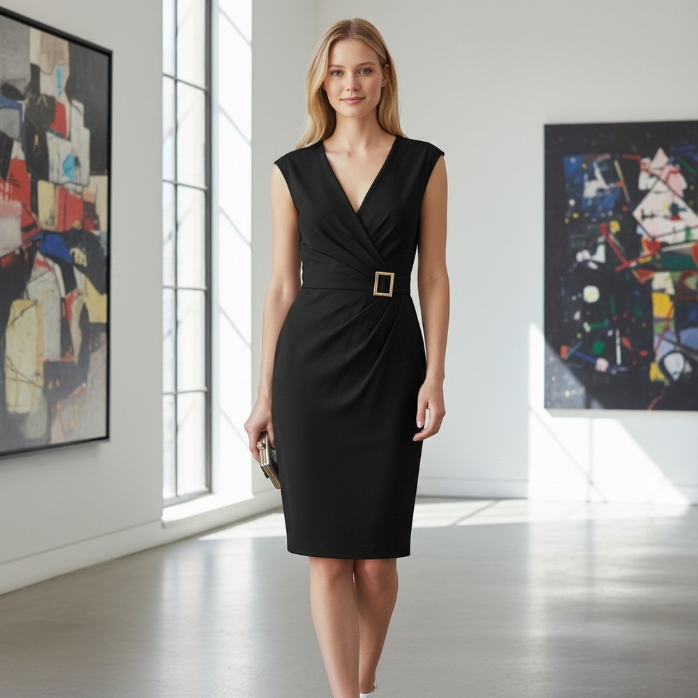 Calvin Klein Womens Black Surplice V-Neck Gold Buckle Sheath Dress Size 6